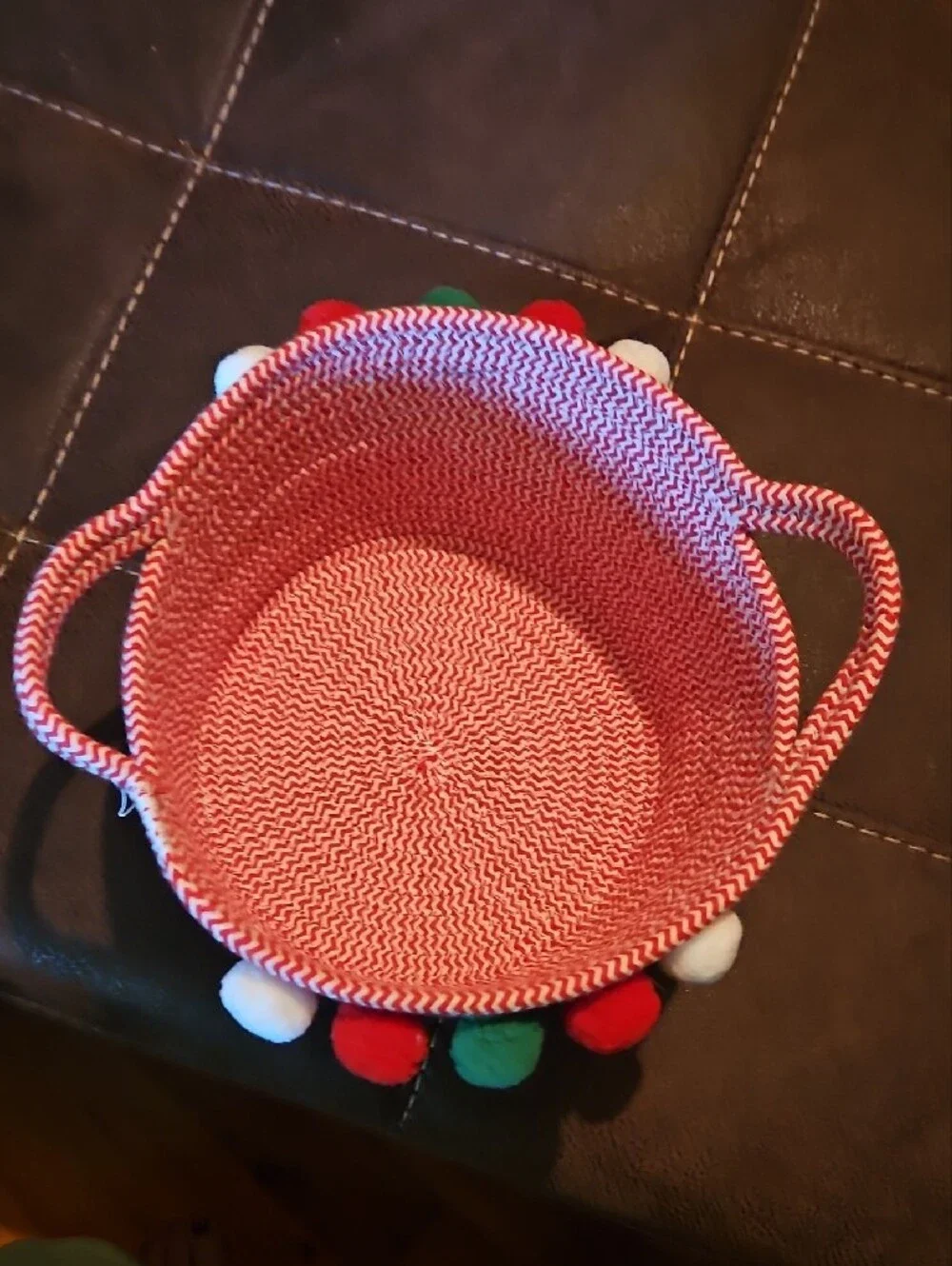 Red Woven Rope Basket with Pom-Pom Trim